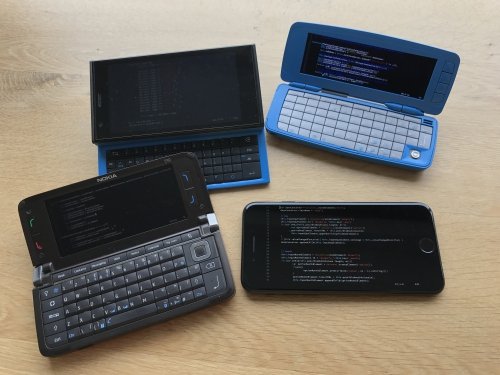 Multi platform development done properly, Nokia Communicator E90 with Symbian series 60 from 2007, Nokia 9300i running Symbian series 80 from 2004, Jolla phone with SailfishOS with the funky other half keyboard (tohkbd), and the iPhone 7.