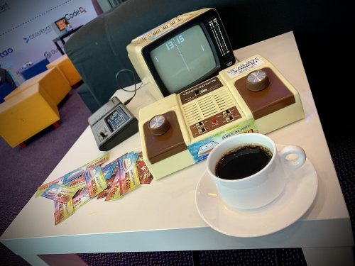 Coffee and PONG on the video-sports console with CRT monitor