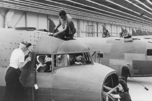 Rosie the Riverters work on the C-47 at the Douglas Plant in Oklahoma City (1944, Tinker Air Force Base History Office)