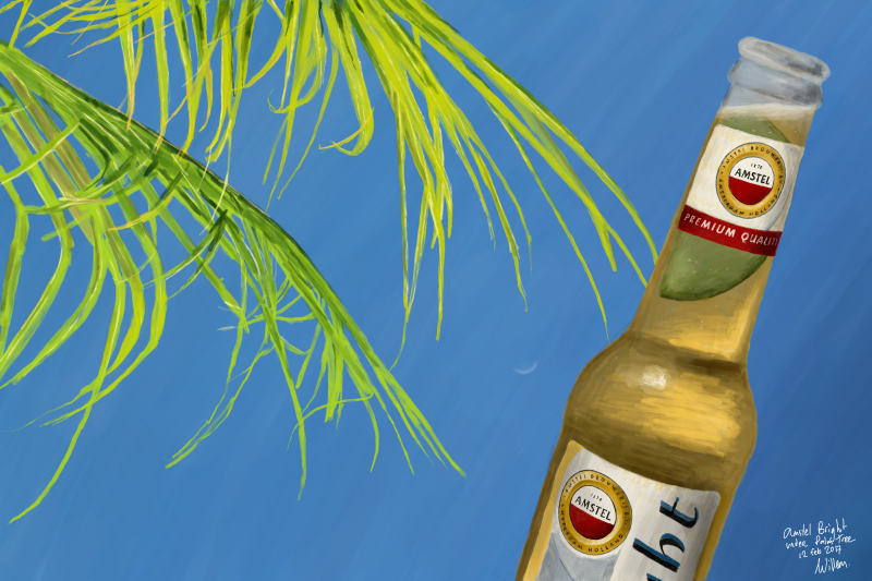 Digitally painting a cold Amstel Bright beer under a tropical palm tree on Curacao